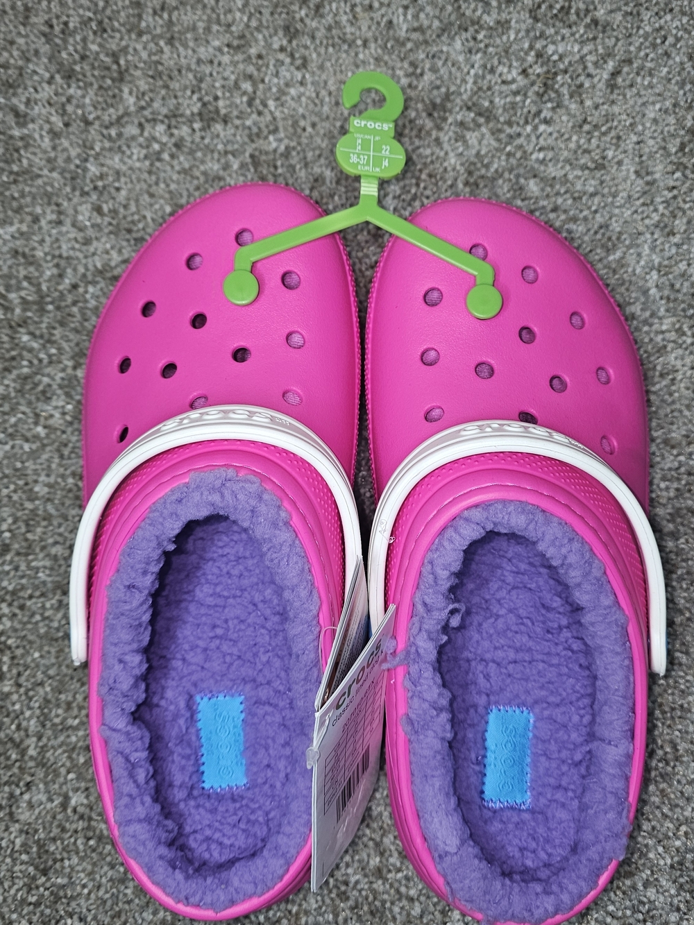 CROCS Kids Pink Clogs with Purple Fleece Lining
